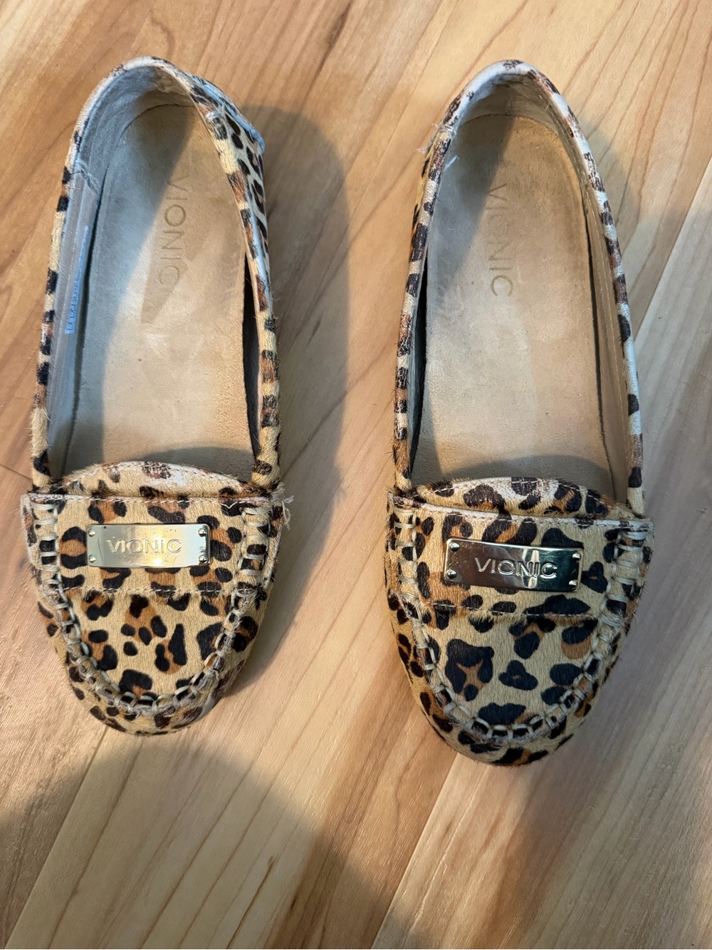Vionic Leopard-Print Calf Hair Loafers with Gold Plaque